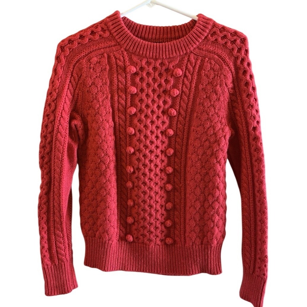 J Crew Sweater XS Lambswool Blend Cable Knit W/ Pom Pom Bright Red Twee Holiday